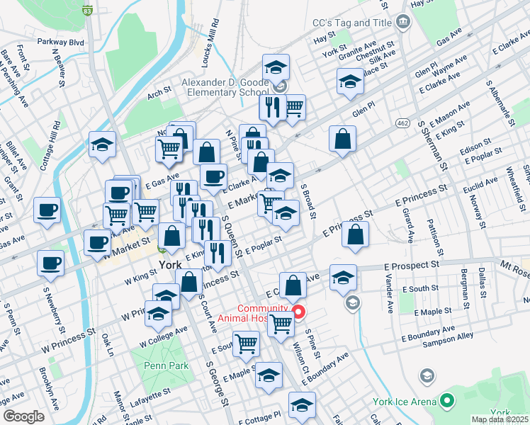 map of restaurants, bars, coffee shops, grocery stores, and more near 51 South Pine Street in York