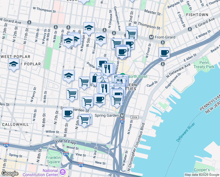 map of restaurants, bars, coffee shops, grocery stores, and more near 728 North Bodine Street in Philadelphia