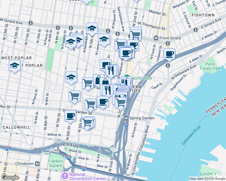 map of restaurants, bars, coffee shops, grocery stores, and more near 728 North Bodine Street in Philadelphia