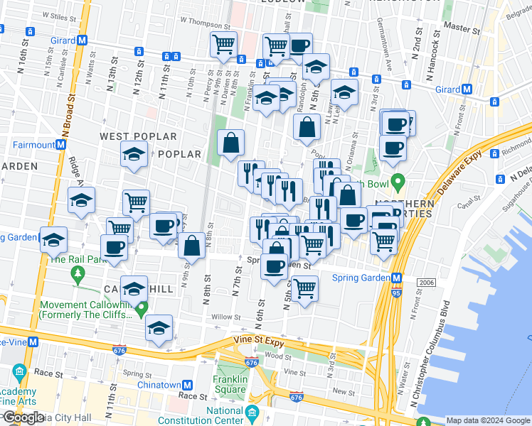 map of restaurants, bars, coffee shops, grocery stores, and more near 618 North 6th Street in Philadelphia