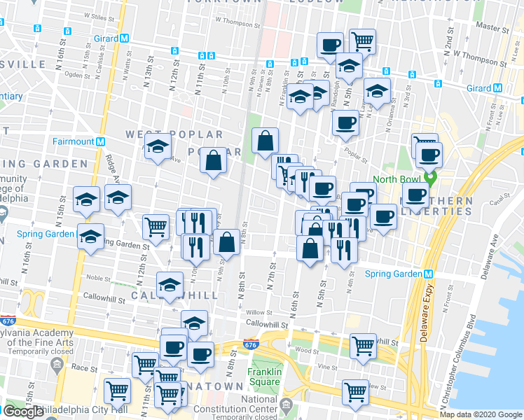 map of restaurants, bars, coffee shops, grocery stores, and more near 700 Wallace Street in Philadelphia