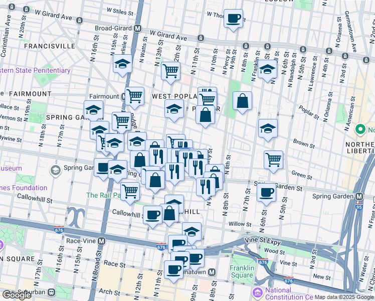 map of restaurants, bars, coffee shops, grocery stores, and more near 612 North 10th Street in Philadelphia