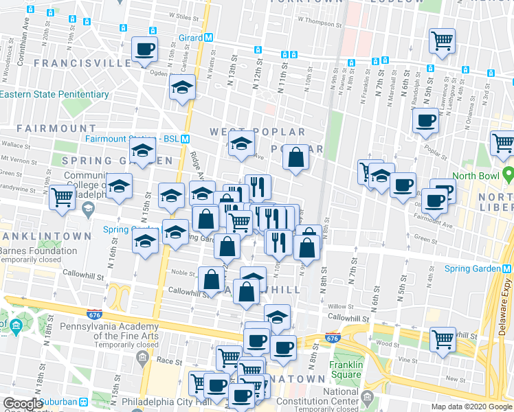 map of restaurants, bars, coffee shops, grocery stores, and more near 602 North 11th Street in Philadelphia
