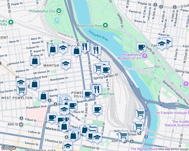 map of restaurants, bars, coffee shops, grocery stores, and more near 3221 Spring Garden Street in Philadelphia