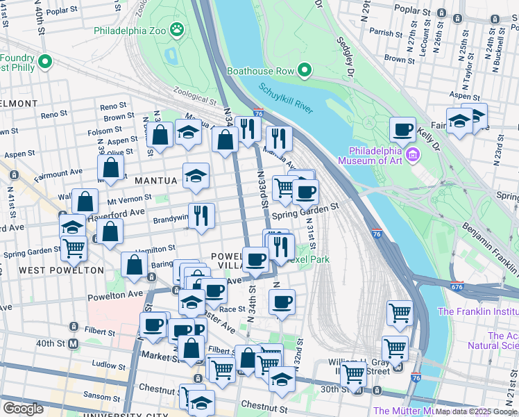 map of restaurants, bars, coffee shops, grocery stores, and more near 3312 Brandywine Street in Philadelphia
