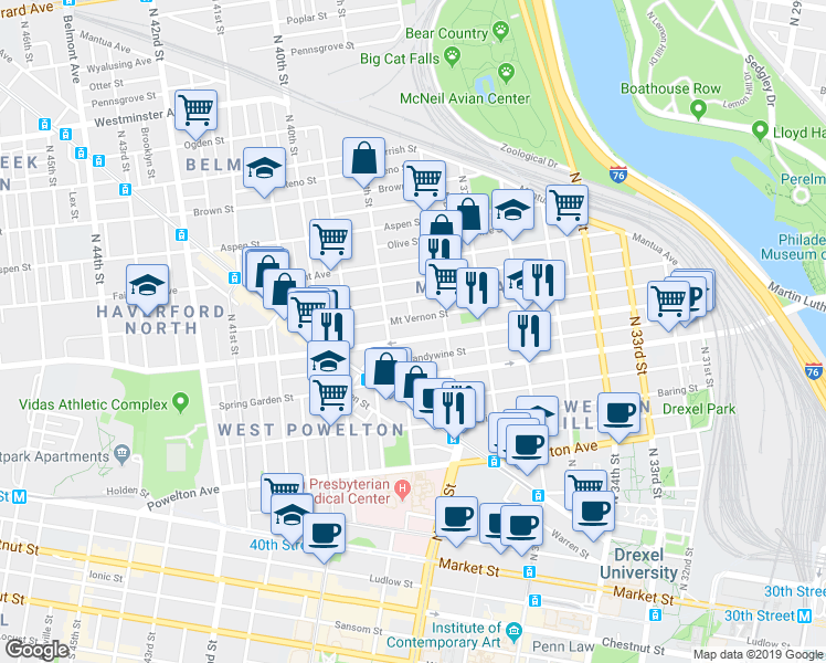map of restaurants, bars, coffee shops, grocery stores, and more near 3819 Brandywine Street in Philadelphia