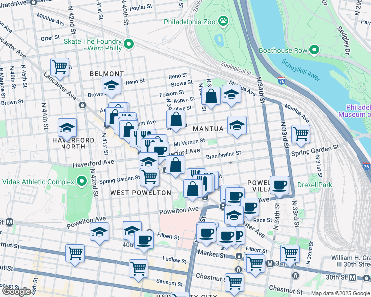 map of restaurants, bars, coffee shops, grocery stores, and more near 3860 Haverford Avenue in Philadelphia