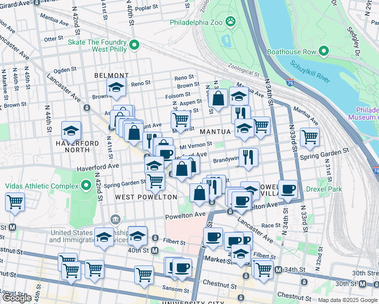 map of restaurants, bars, coffee shops, grocery stores, and more near 3860 Haverford Avenue in Philadelphia