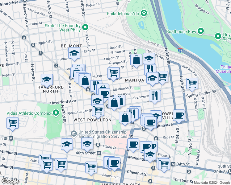 map of restaurants, bars, coffee shops, grocery stores, and more near 3860 Haverford Avenue in Philadelphia