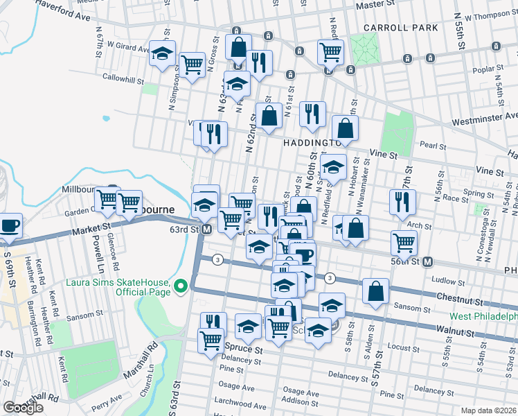 map of restaurants, bars, coffee shops, grocery stores, and more near 29 North Dewey Street in Philadelphia