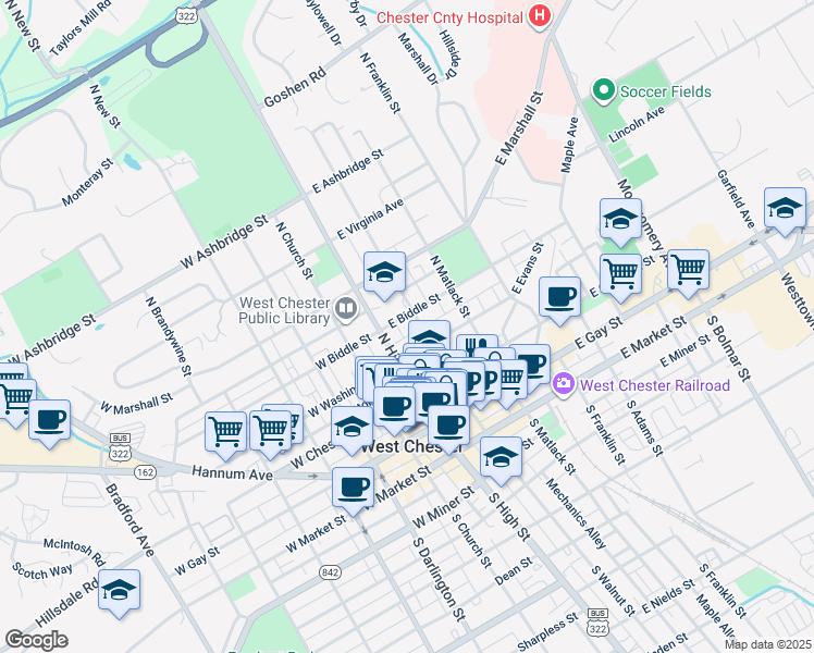 map of restaurants, bars, coffee shops, grocery stores, and more near in West Chester