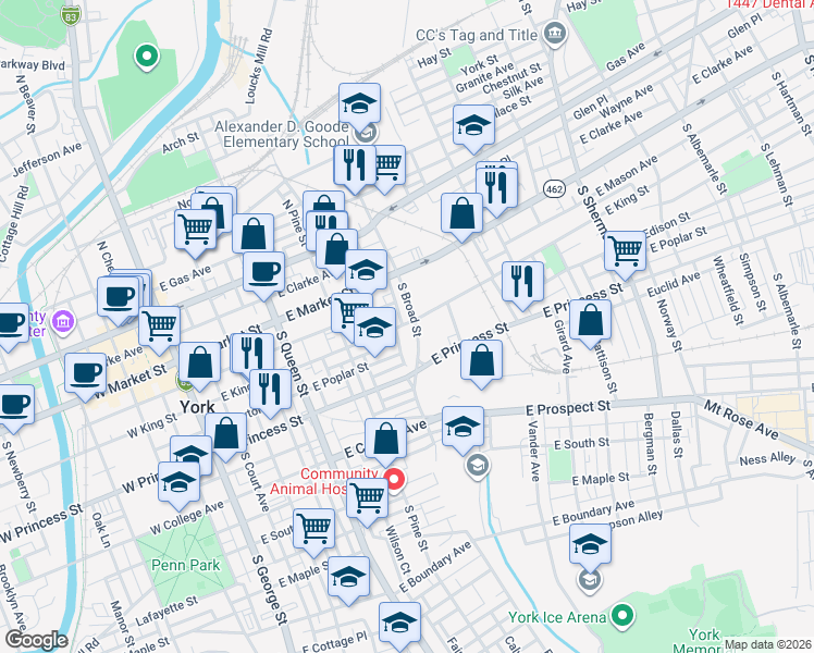 map of restaurants, bars, coffee shops, grocery stores, and more near 117 Edgar Street in York
