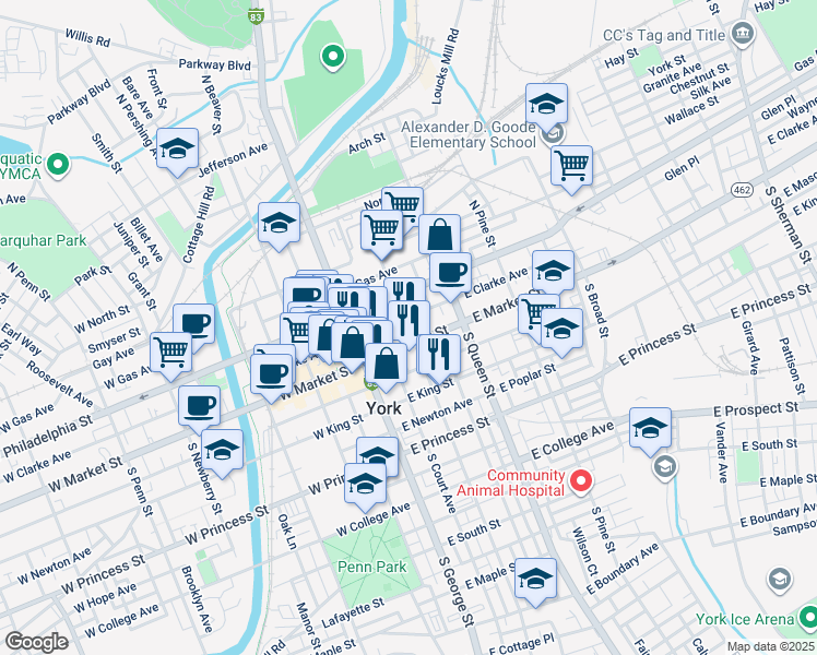 map of restaurants, bars, coffee shops, grocery stores, and more near 41 East Market Street in York