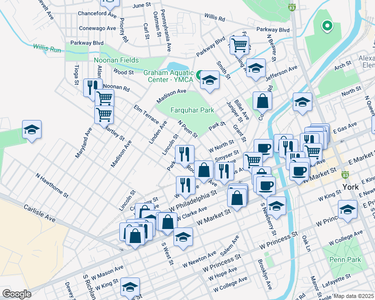 map of restaurants, bars, coffee shops, grocery stores, and more near 261 Roosevelt Avenue in York