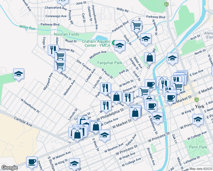 map of restaurants, bars, coffee shops, grocery stores, and more near 261 Roosevelt Avenue in York