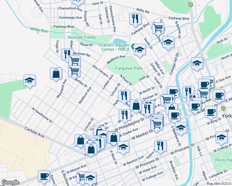 map of restaurants, bars, coffee shops, grocery stores, and more near 484 Lincoln Street in York