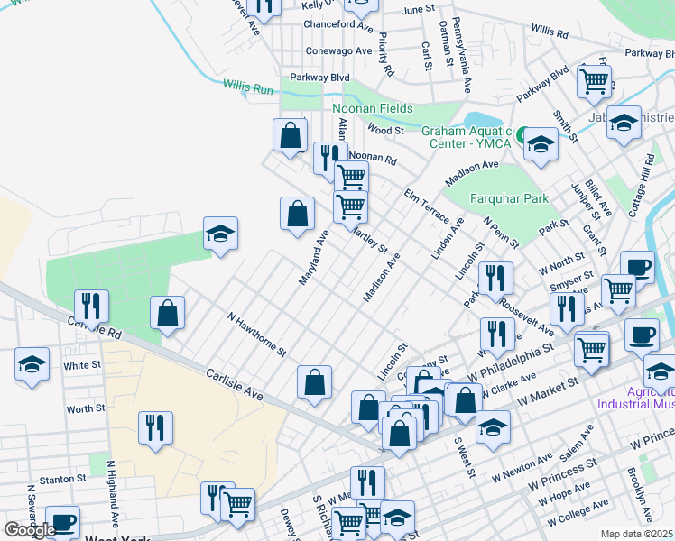 map of restaurants, bars, coffee shops, grocery stores, and more near 601 North West Street in York