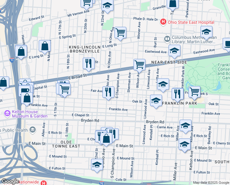 map of restaurants, bars, coffee shops, grocery stores, and more near 1150 Oak Street in Columbus