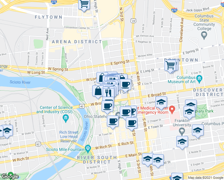 map of restaurants, bars, coffee shops, grocery stores, and more near 52 East Gay Street in Columbus