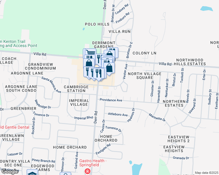map of restaurants, bars, coffee shops, grocery stores, and more near 2810 Derr Road in Springfield