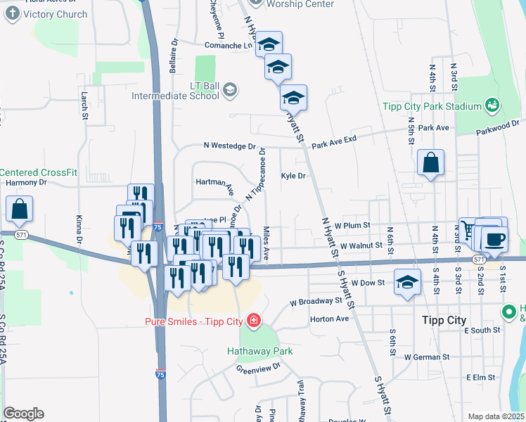 map of restaurants, bars, coffee shops, grocery stores, and more near 210 Miles Avenue in Tipp City