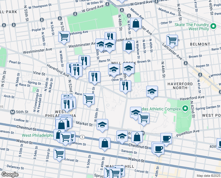 map of restaurants, bars, coffee shops, grocery stores, and more near 4905 Haverford Avenue in Philadelphia