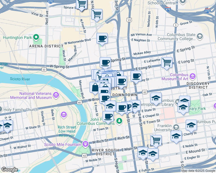 map of restaurants, bars, coffee shops, grocery stores, and more near 52 East Gay Street in Columbus
