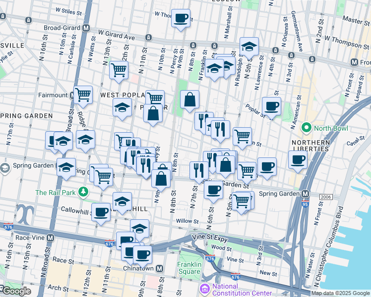 map of restaurants, bars, coffee shops, grocery stores, and more near 722 North Terrace in Philadelphia