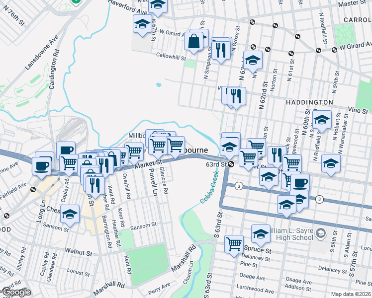 map of restaurants, bars, coffee shops, grocery stores, and more near in Millbourne