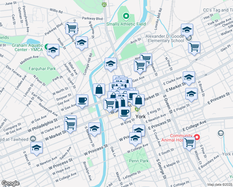 map of restaurants, bars, coffee shops, grocery stores, and more near 118 West Philadelphia Street in York