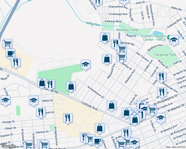 map of restaurants, bars, coffee shops, grocery stores, and more near 660 Texas Avenue in York