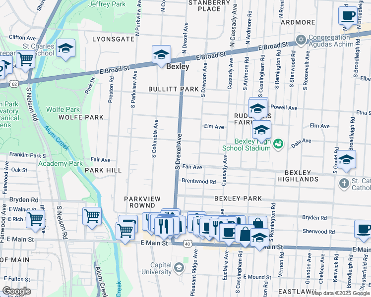 map of restaurants, bars, coffee shops, grocery stores, and more near 303 South Dawson Avenue in Columbus