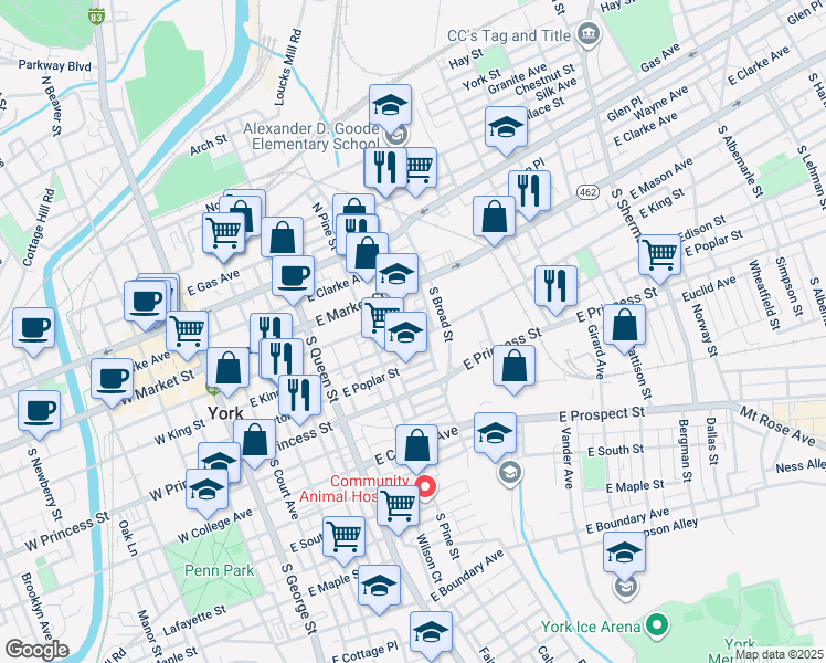 map of restaurants, bars, coffee shops, grocery stores, and more near 347 East King Street in York