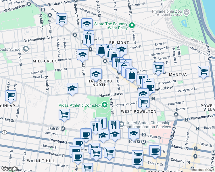 map of restaurants, bars, coffee shops, grocery stores, and more near 4204 Wallace Street in Philadelphia