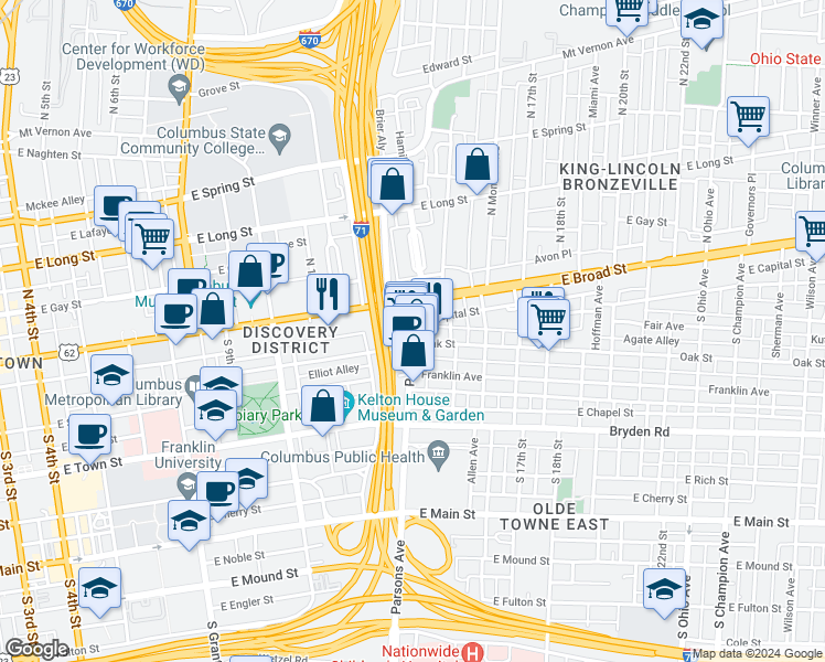 map of restaurants, bars, coffee shops, grocery stores, and more near 47 Parsons Avenue in Columbus