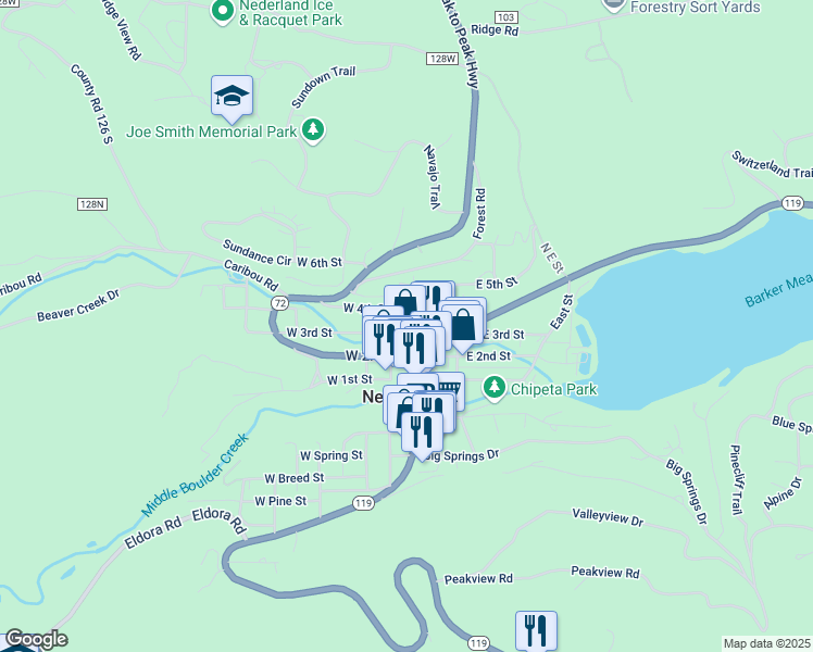 map of restaurants, bars, coffee shops, grocery stores, and more near 217 Colorado 119 in Nederland