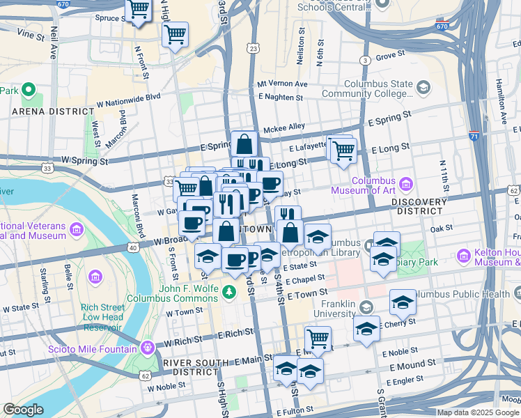map of restaurants, bars, coffee shops, grocery stores, and more near 150 East Broad Street in Columbus