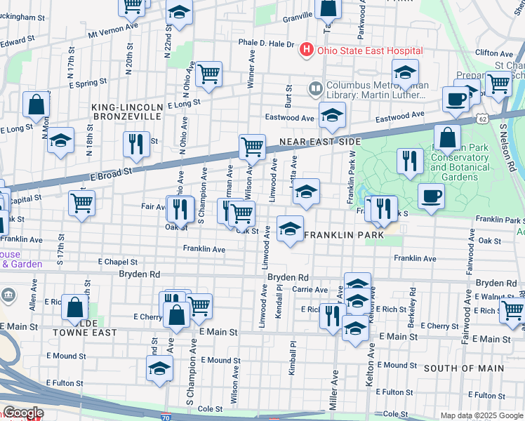 map of restaurants, bars, coffee shops, grocery stores, and more near 151 Linwood Avenue in Columbus
