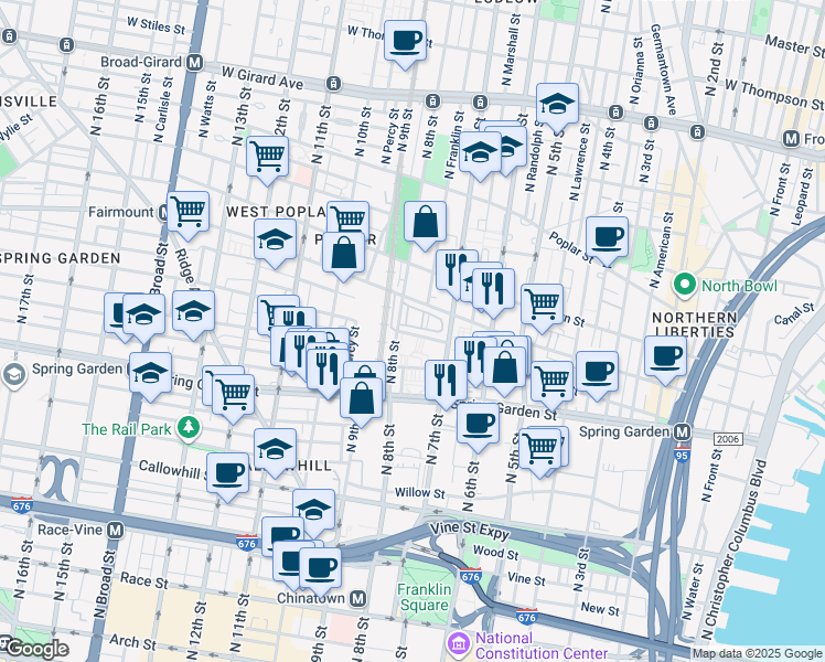 map of restaurants, bars, coffee shops, grocery stores, and more near 722 North Terrace in Philadelphia