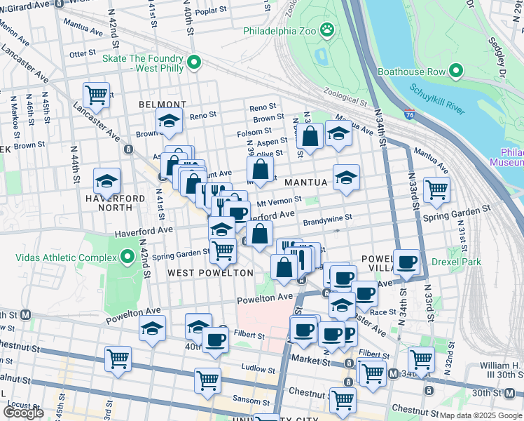map of restaurants, bars, coffee shops, grocery stores, and more near 611 North 39th Street in Philadelphia