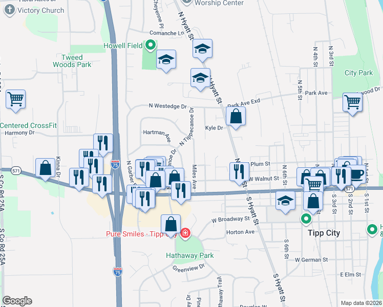 map of restaurants, bars, coffee shops, grocery stores, and more near 210 Miles Avenue in Tipp City