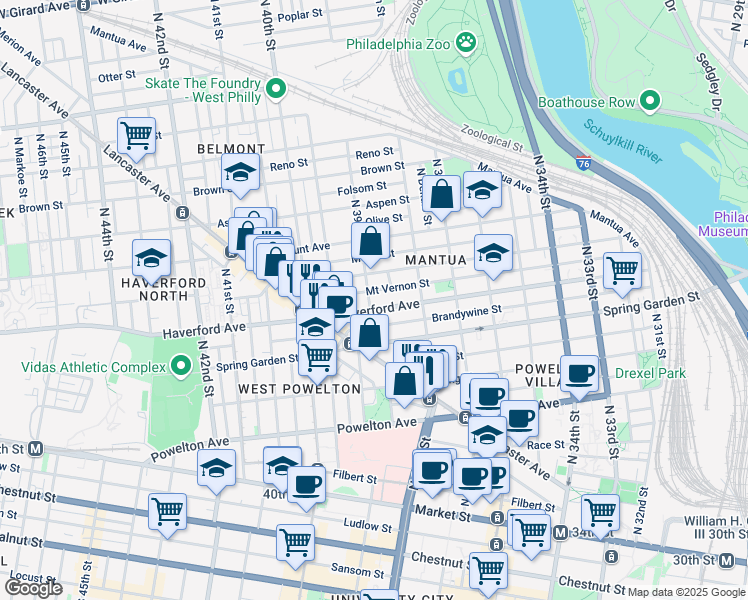 map of restaurants, bars, coffee shops, grocery stores, and more near 611 North 39th Street in Philadelphia