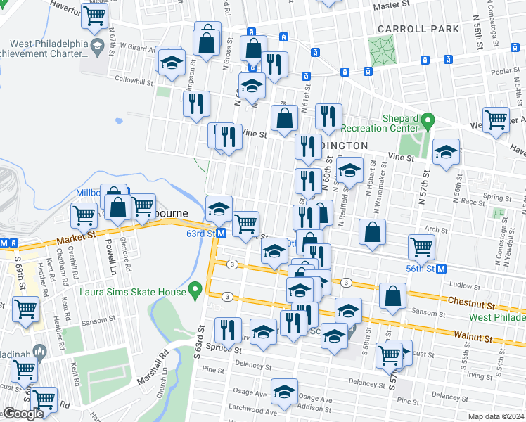 map of restaurants, bars, coffee shops, grocery stores, and more near 48 North Robinson Street in Philadelphia