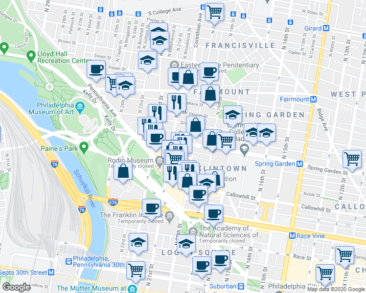 map of restaurants, bars, coffee shops, grocery stores, and more near 2018 Spring Garden Street in Philadelphia