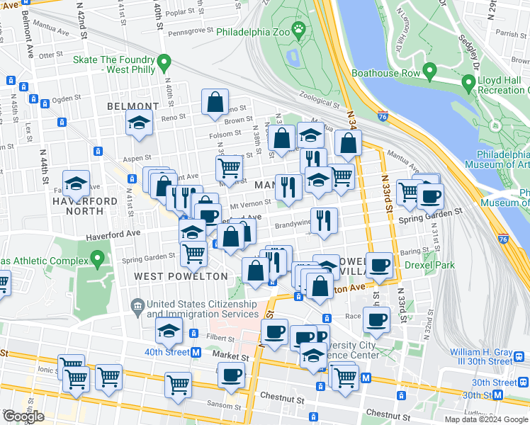 map of restaurants, bars, coffee shops, grocery stores, and more near 3803 Haverford Avenue in Philadelphia