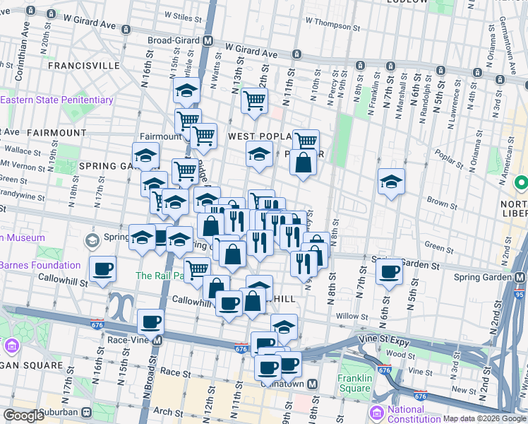 map of restaurants, bars, coffee shops, grocery stores, and more near 602 North 11th Street in Philadelphia