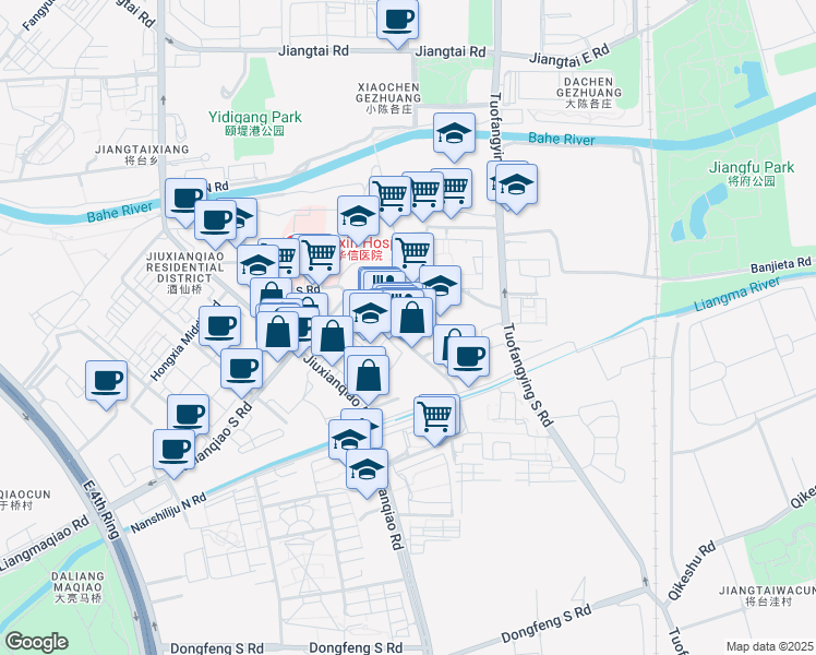 map of restaurants, bars, coffee shops, grocery stores, and more near Jiuxianqiao South Road in Beijing