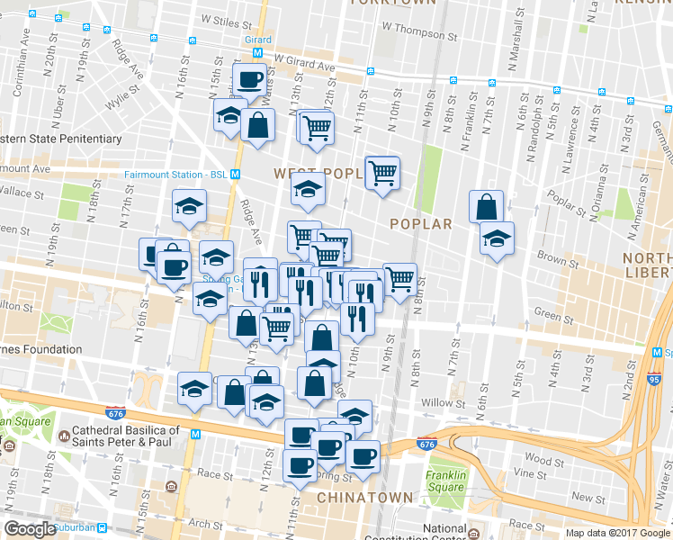 map of restaurants, bars, coffee shops, grocery stores, and more near 1041 Mount Vernon Street in Philadelphia