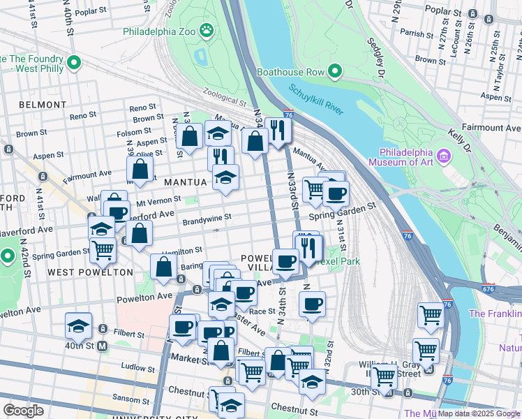 map of restaurants, bars, coffee shops, grocery stores, and more near 3417 Brandywine Street in Philadelphia