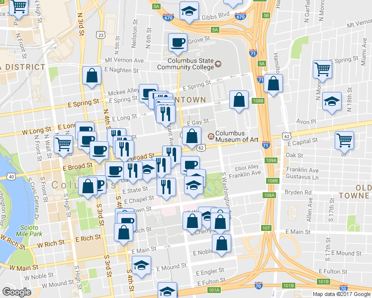 map of restaurants, bars, coffee shops, grocery stores, and more near 0 Cleveland Avenue in Columbus